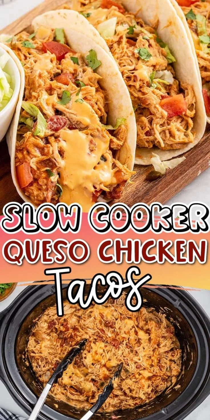 Slow cooker queso chicken tacos served on a plate with toppings.