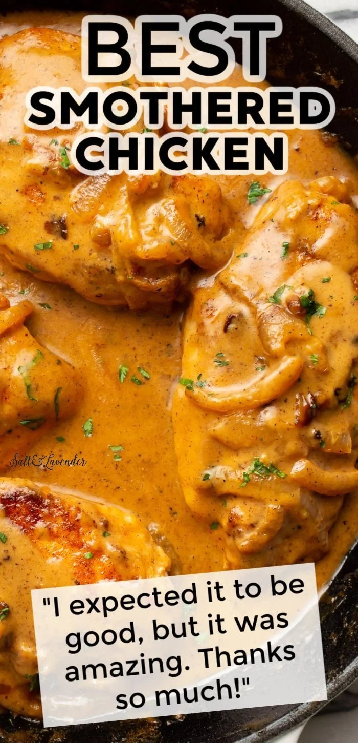 Delicious smothered chicken served with creamy gravy and sides