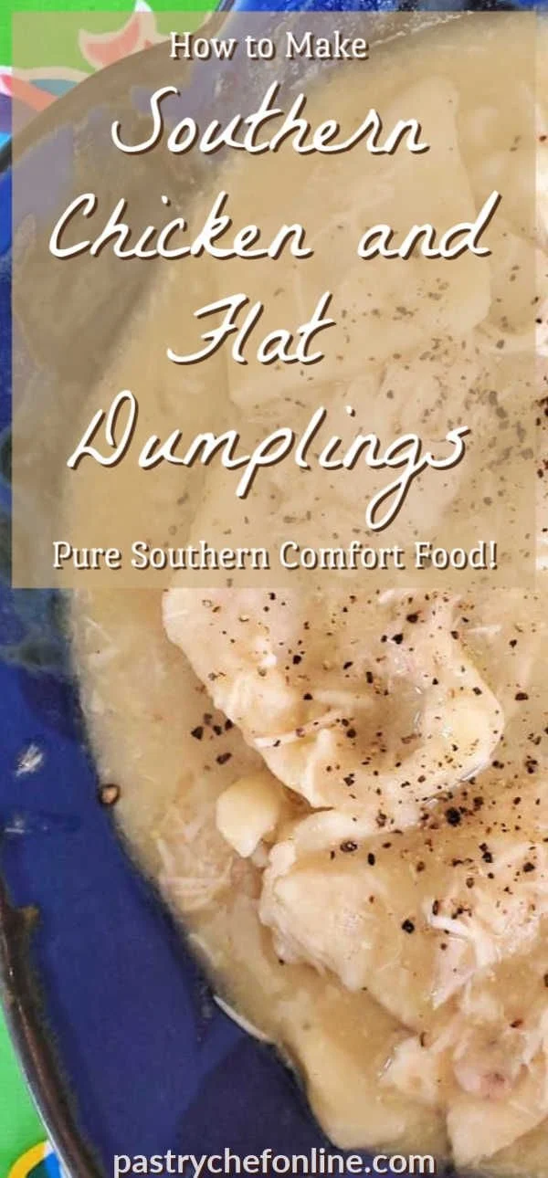 Bowl of Southern chicken and dumplings with herbs and vegetables