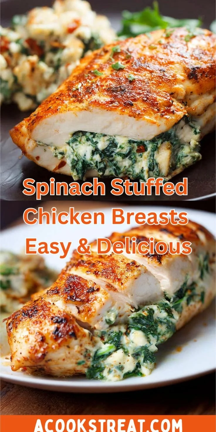 Delicious spinach stuffed chicken breasts served on a plate