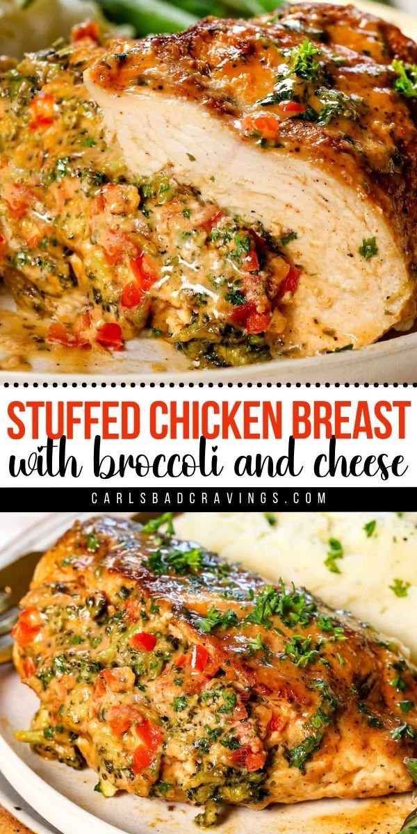 Stuffed chicken breast filled with broccoli and cheese, garnished and ready to serve