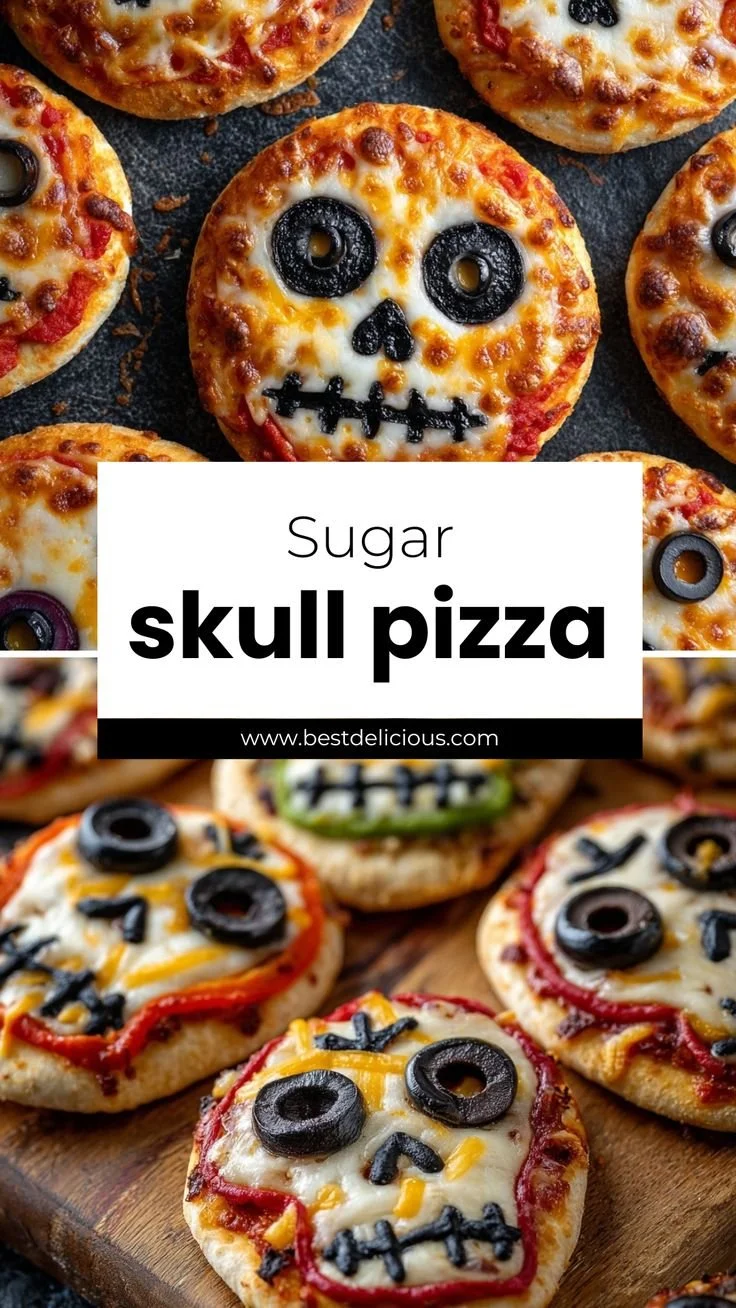 A colorful Sugar Skull Pizza topped with vibrant ingredients and decorations.