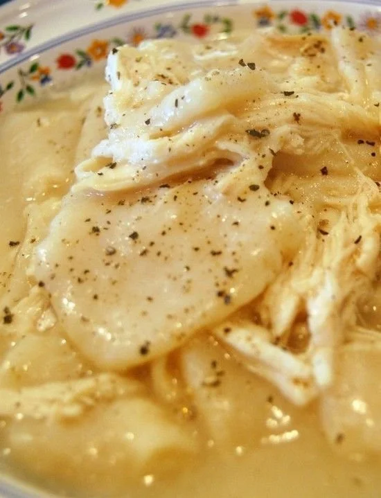 Bowl of homemade chicken and dumplings with herbs and spices