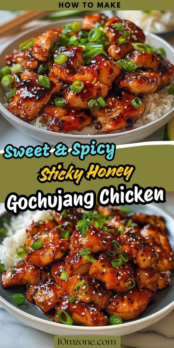 Sweet and spicy honey gochujang chicken dish garnished with herbs