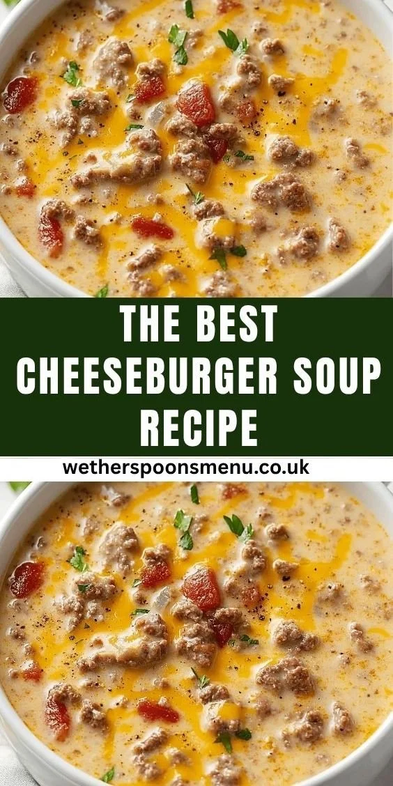 Bowl of delicious cheeseburger soup topped with cheese and herbs