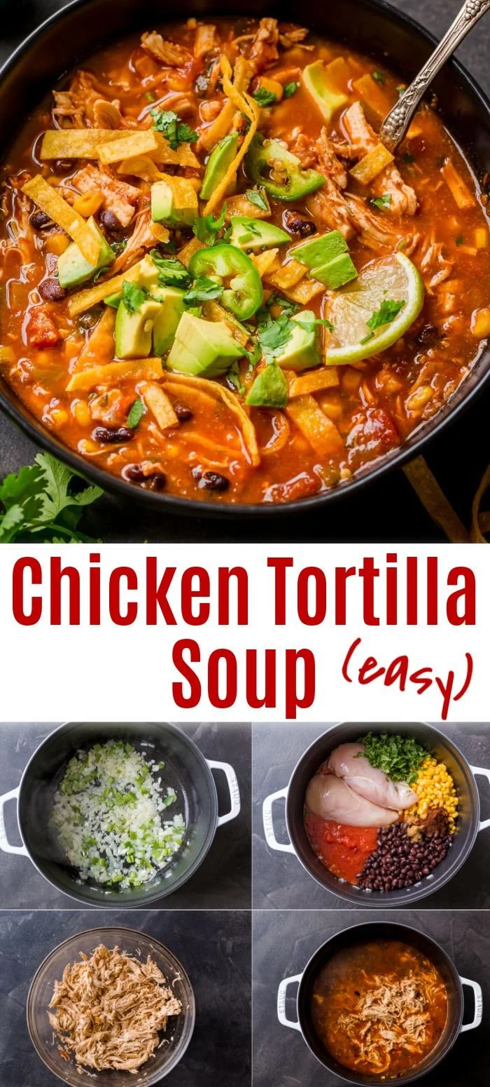 Bowl of delicious chicken tortilla soup topped with tortilla strips and avocado.
