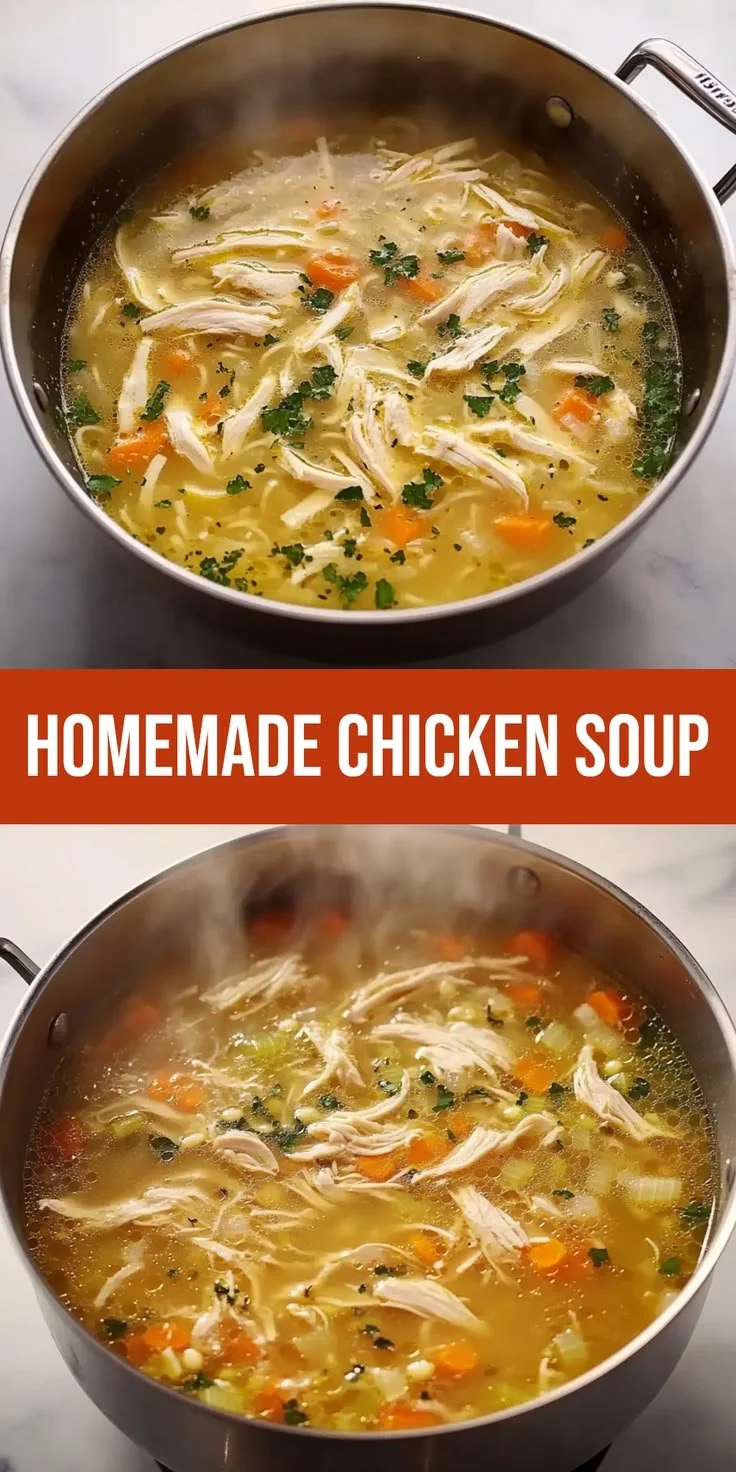 Bowl of homemade chicken noodle soup with vegetables and herbs
