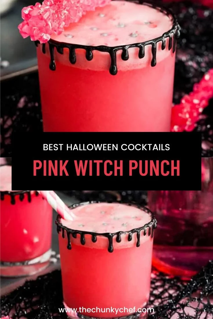 A refreshing Pink Witch Punch cocktail served in a decorated glass with colorful garnishes.