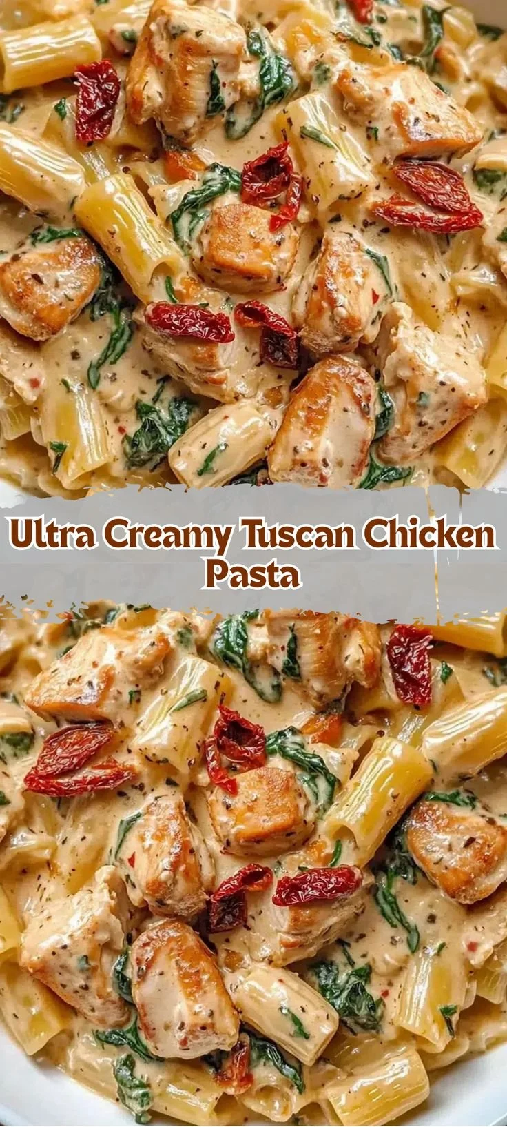 A bowl of Ultra Creamy Tuscan Chicken Pasta garnished with fresh herbs
