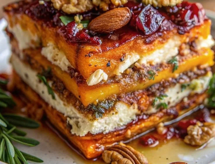 Delicious Vegetarian Lasagna with Roasted Vegetables layered in a baking dish