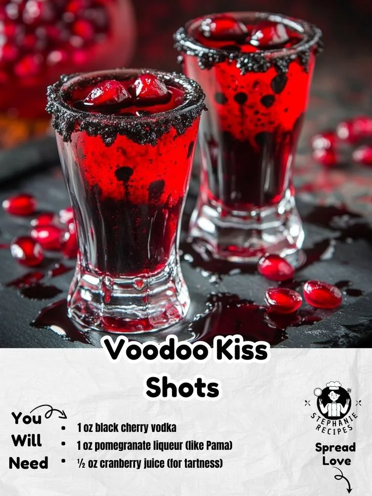 Colorful Voodoo Kiss Shots served in shot glasses with creative garnishes.