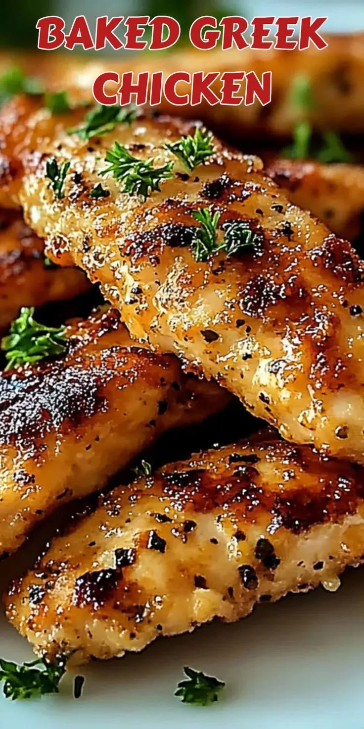 Plate of flavorful baked Greek chicken tenders with herbs and spices