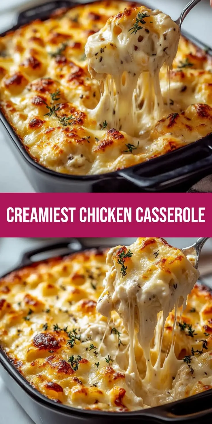 Creamiest chicken casserole served in a baking dish with herbs and cheese