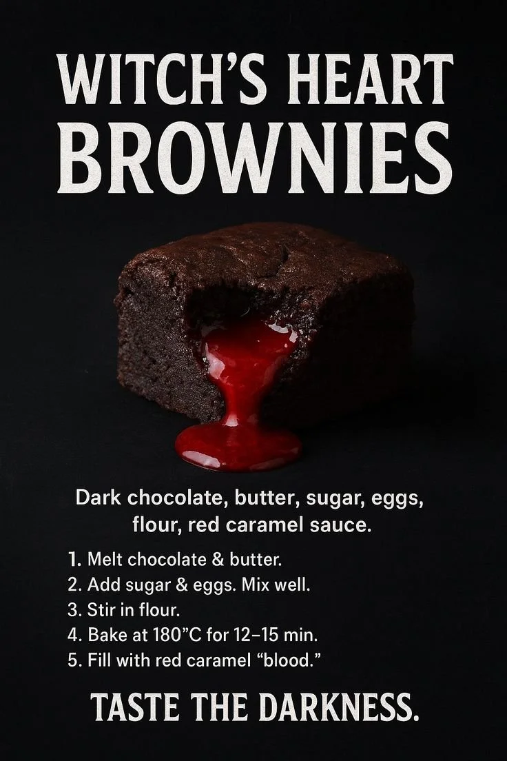 Delicious Witch’s Heart Brownies showcasing rich dark chocolate and eerie heart shapes.