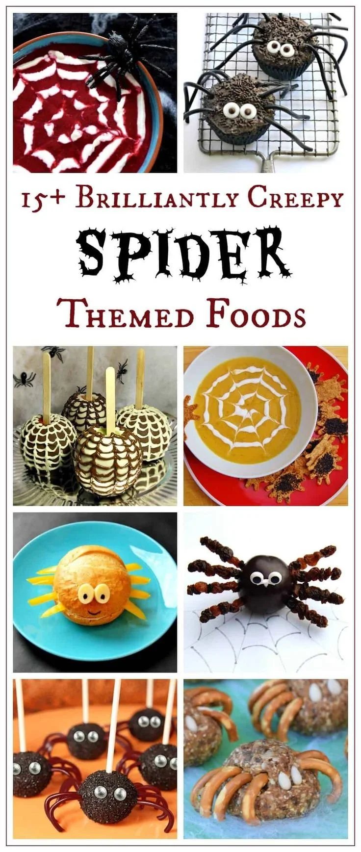 A collection of spider themed foods for Halloween parties and celebrations.