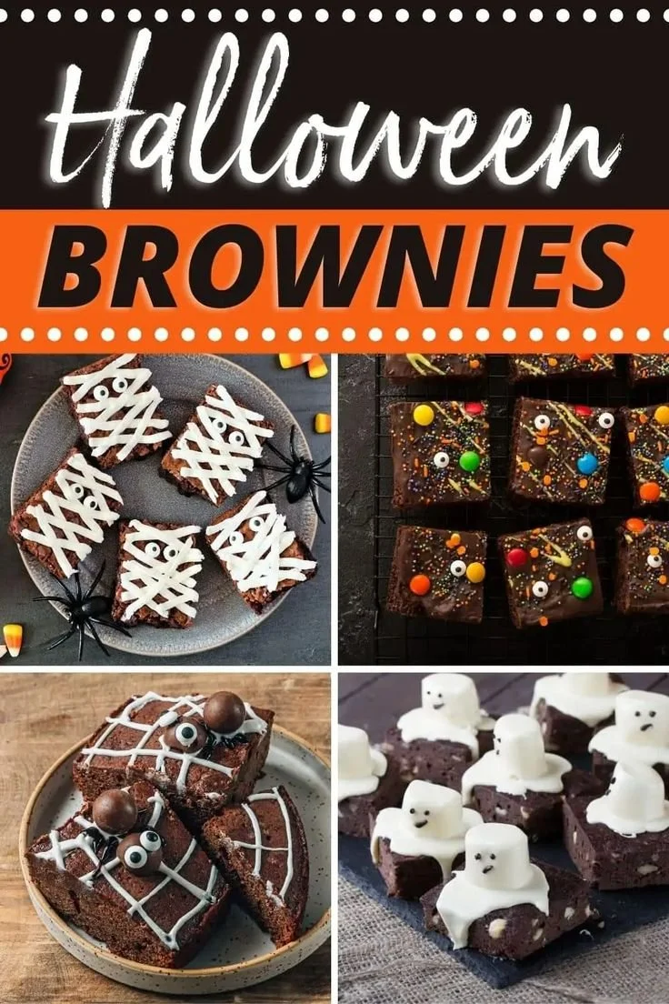 A platter of decorated Halloween brownies with spooky themes and festive colors.