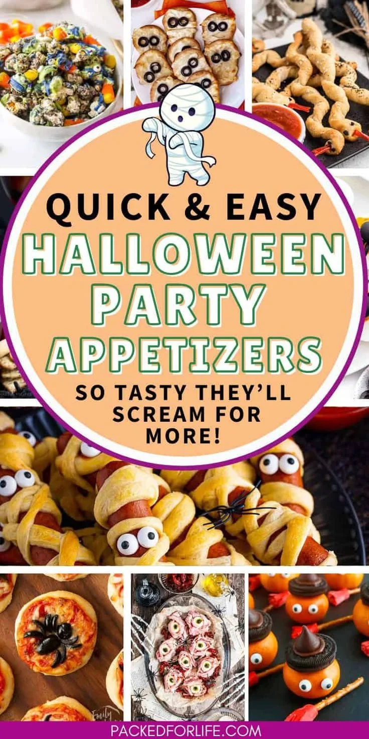 Platter of spooky Halloween finger foods for a festive party.