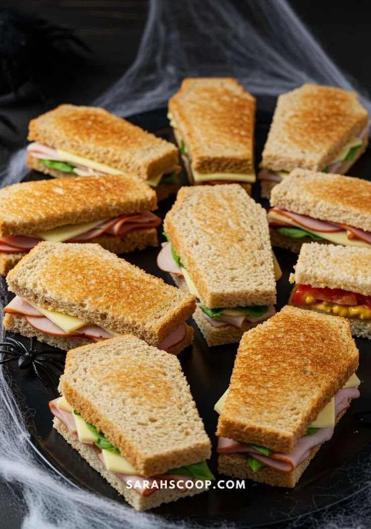 A variety of Halloween party finger foods including spooky sandwiches for kids.