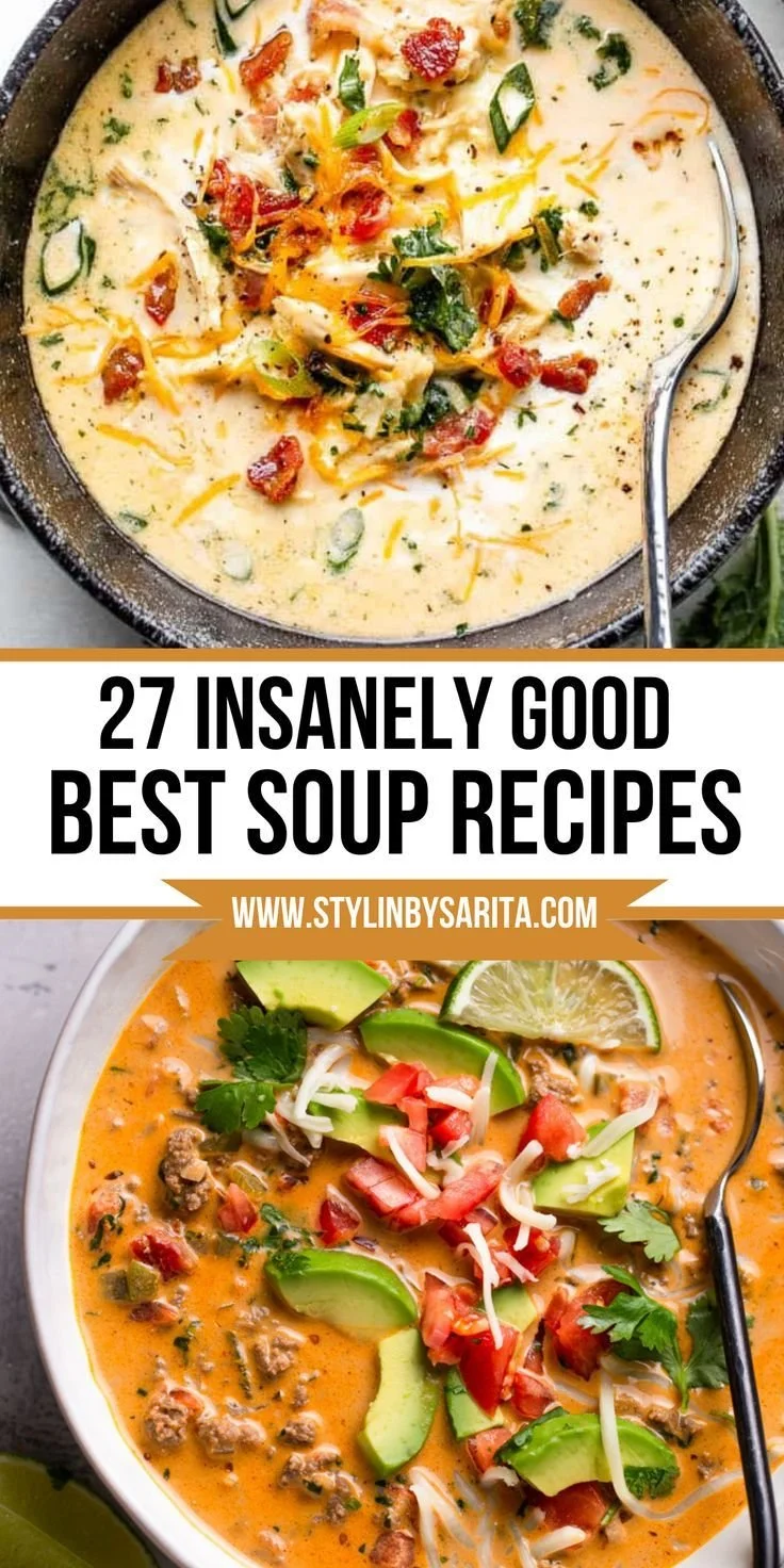 A variety of delicious homemade soup recipes displayed in bowls.