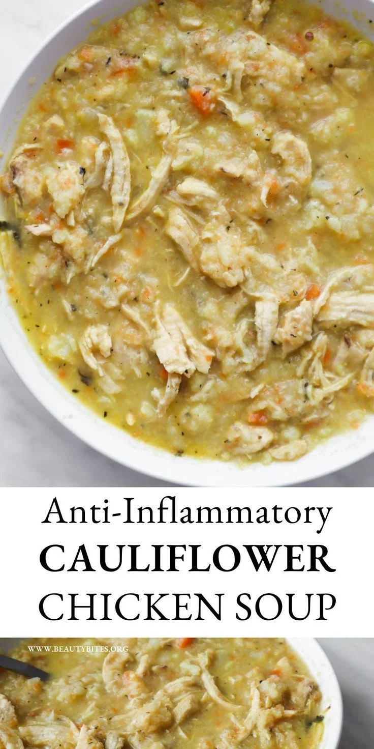 Bowl of 30-minute cauliflower chicken soup garnished with fresh herbs