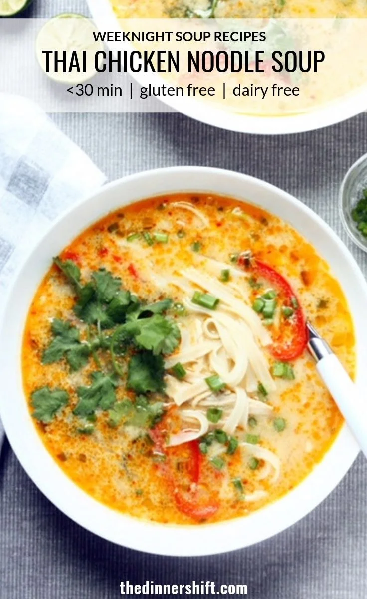 Delicious bowl of Thai chicken noodle soup garnished with fresh herbs