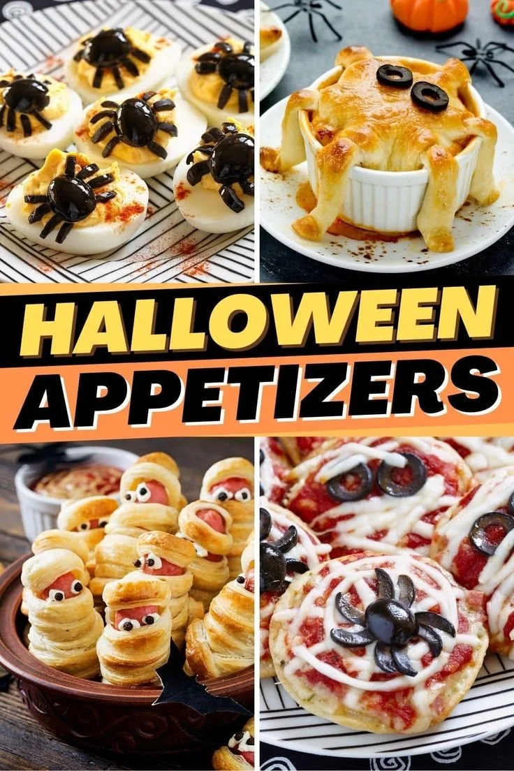 Spooky Halloween appetizers and party recipes displayed on a festive table.