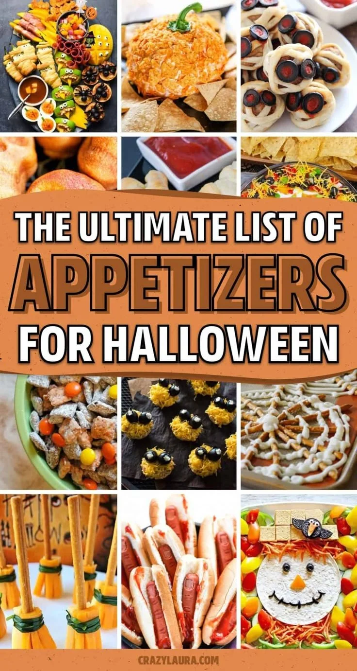 A variety of spooky Halloween appetizers and snacks for a festive party.