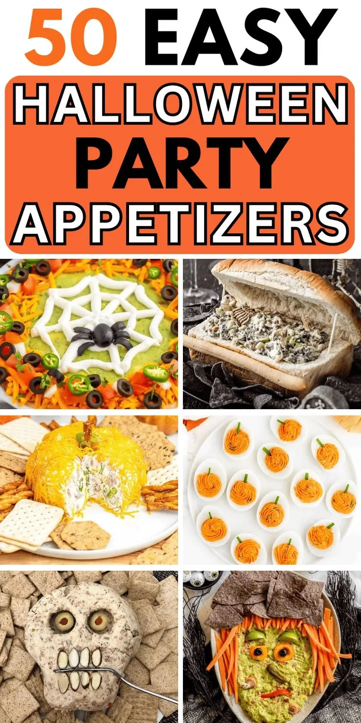 Colorful Halloween appetizers arranged on a festive table for a spooky party.