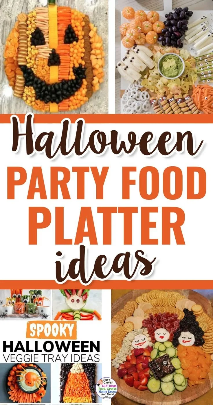 Colorful Halloween party food platters for kids and guests, featuring snacks and appetizers.