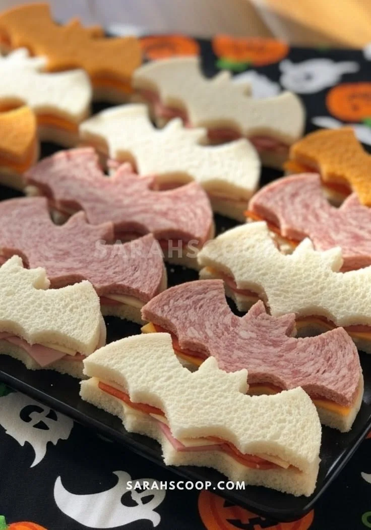 A variety of cute Halloween appetizers displayed on a spooky themed table.
