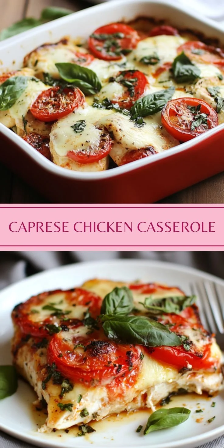 Delicious Caprese Chicken Casserole garnished with basil and mozzarella