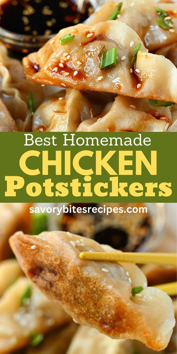 Homemade chicken potstickers served with dipping sauce