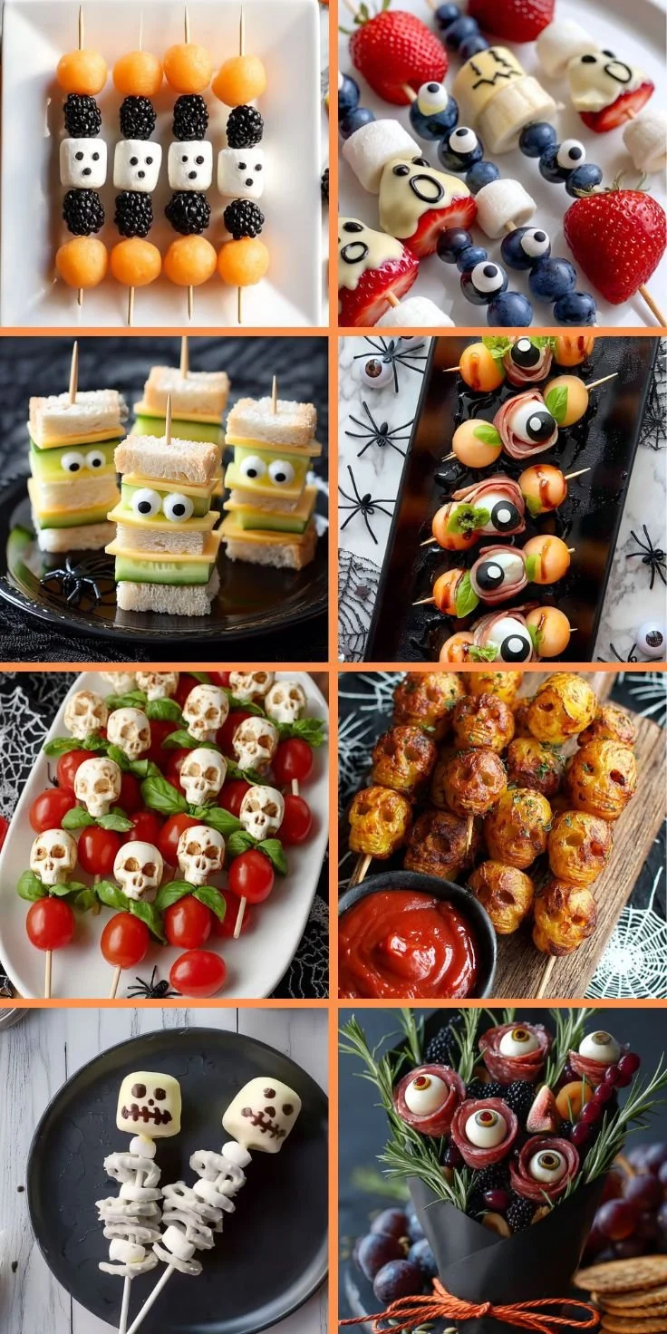 Halloween skewers with pretzel bones and ghost treats for festive celebrations