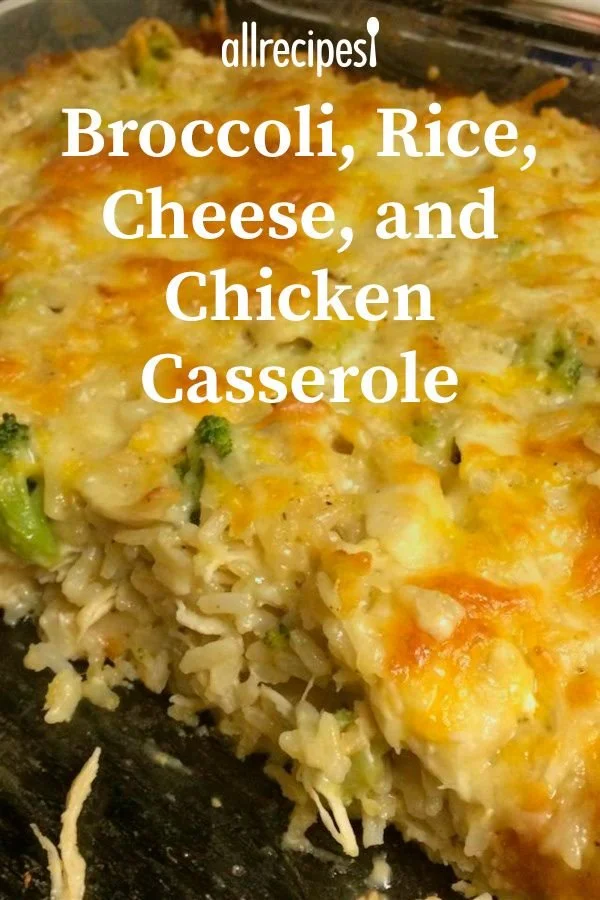 Creamy chicken casserole with broccoli, rice, and cheese topped with tater tots