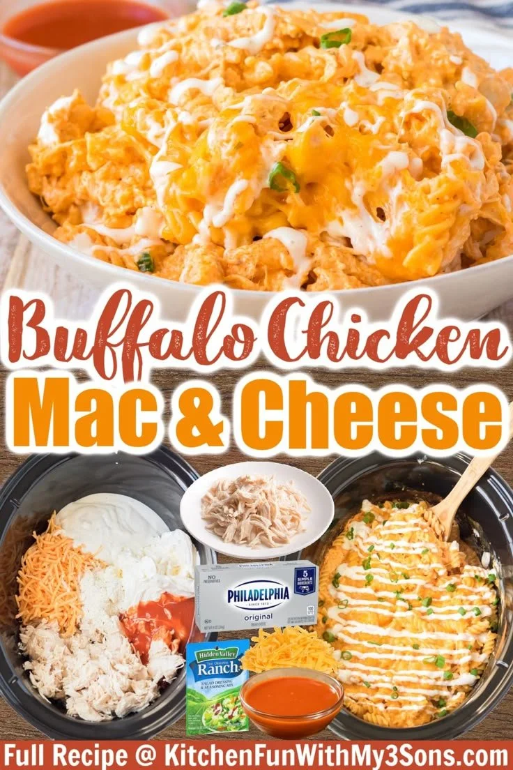 Buffalo mac and cheese in a creamy, cheesy crockpot dish