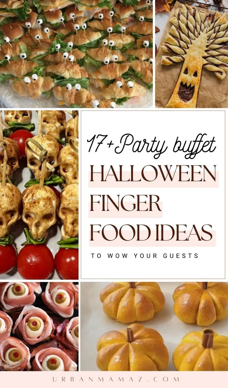 Halloween party buffet with spooky finger foods and decorations