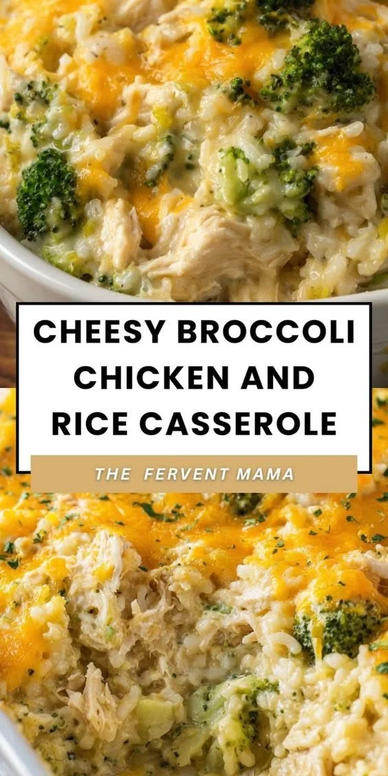 Cheesy broccoli chicken casserole with rice, topped with melted cheese and fresh broccoli.