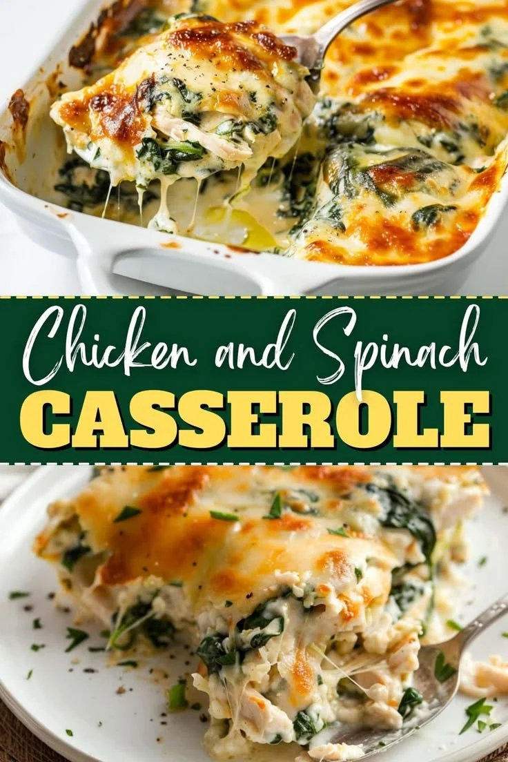 Delicious Chicken Spinach Casserole with cream cheese on a plate