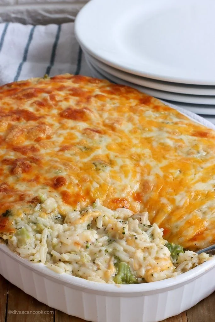 Delicious Chicken Broccoli Rice Casserole with creamy sauce and melted cheese