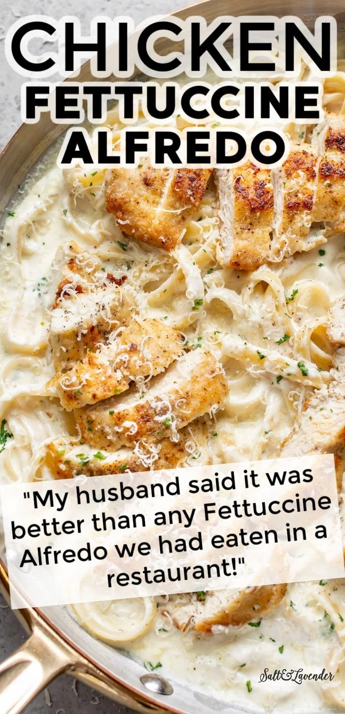 Delicious Chicken Fettuccine Alfredo served on a plate with garnishes.