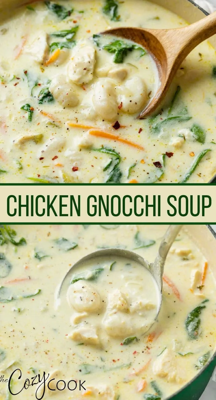 A bowl of creamy Chicken Gnocchi Soup garnished with herbs and vegetables