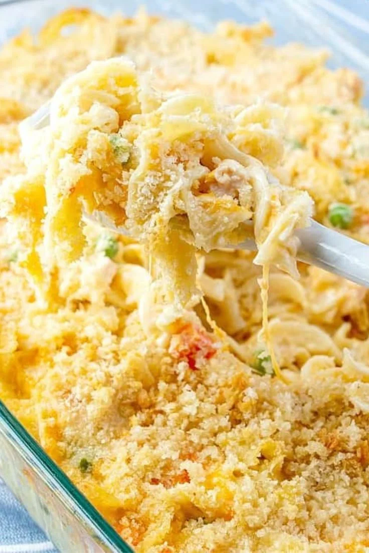 Delicious chicken noodle casserole served in a baking dish