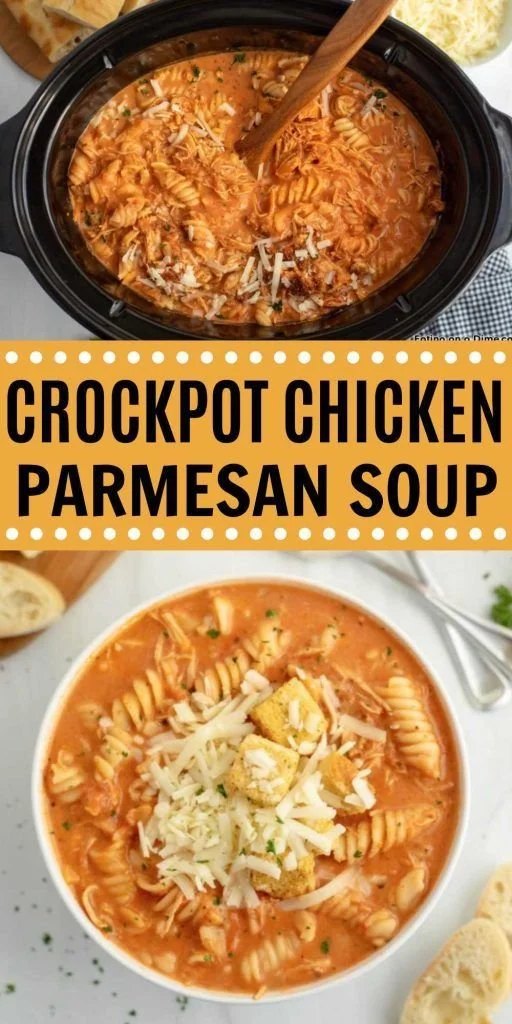 Delicious bowl of chicken parm soup made in a crockpot, garnished with cheese and herbs.