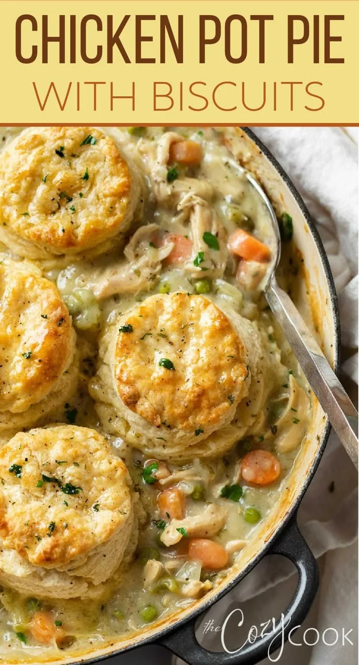 Homemade Chicken Pot Pie With Biscuits served in a rustic dish