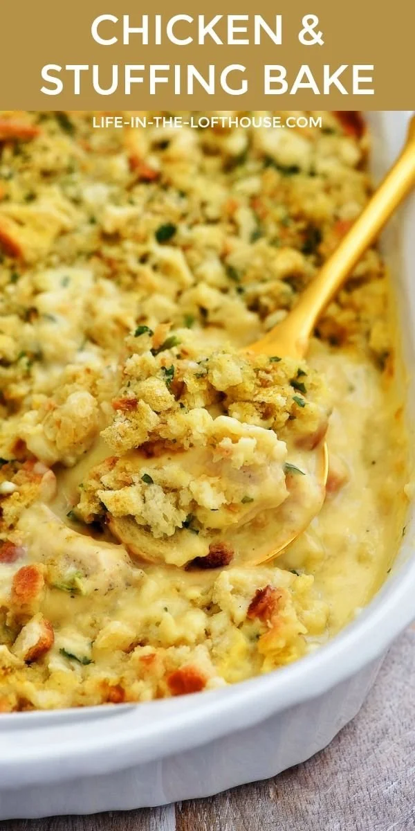 Delicious Chicken & Stuffing Bake served on a plate with herbs and greenery