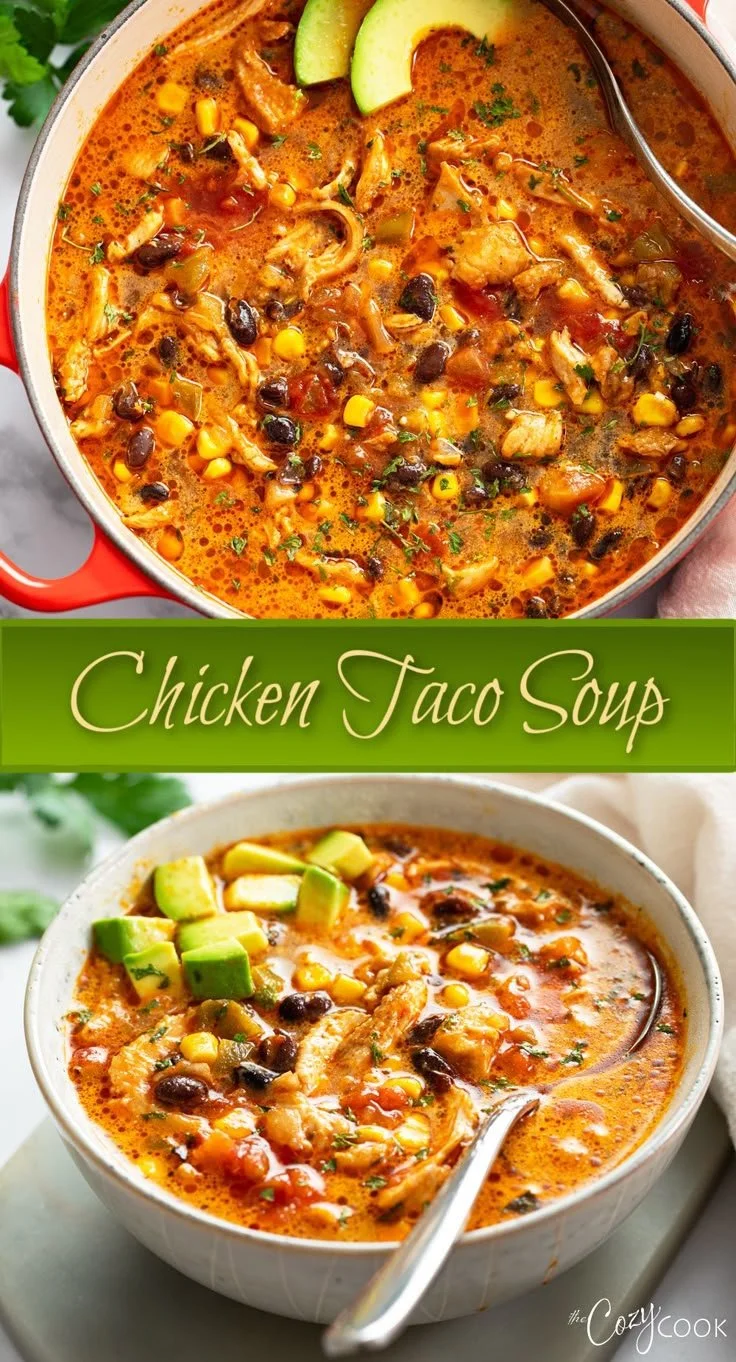 Bowl of hearty Chicken Taco Soup garnished with cheese and cilantro