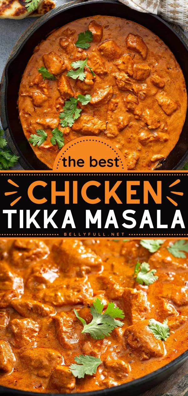 Delicious Chicken Tikka Masala served with rice and garnished with cilantro.