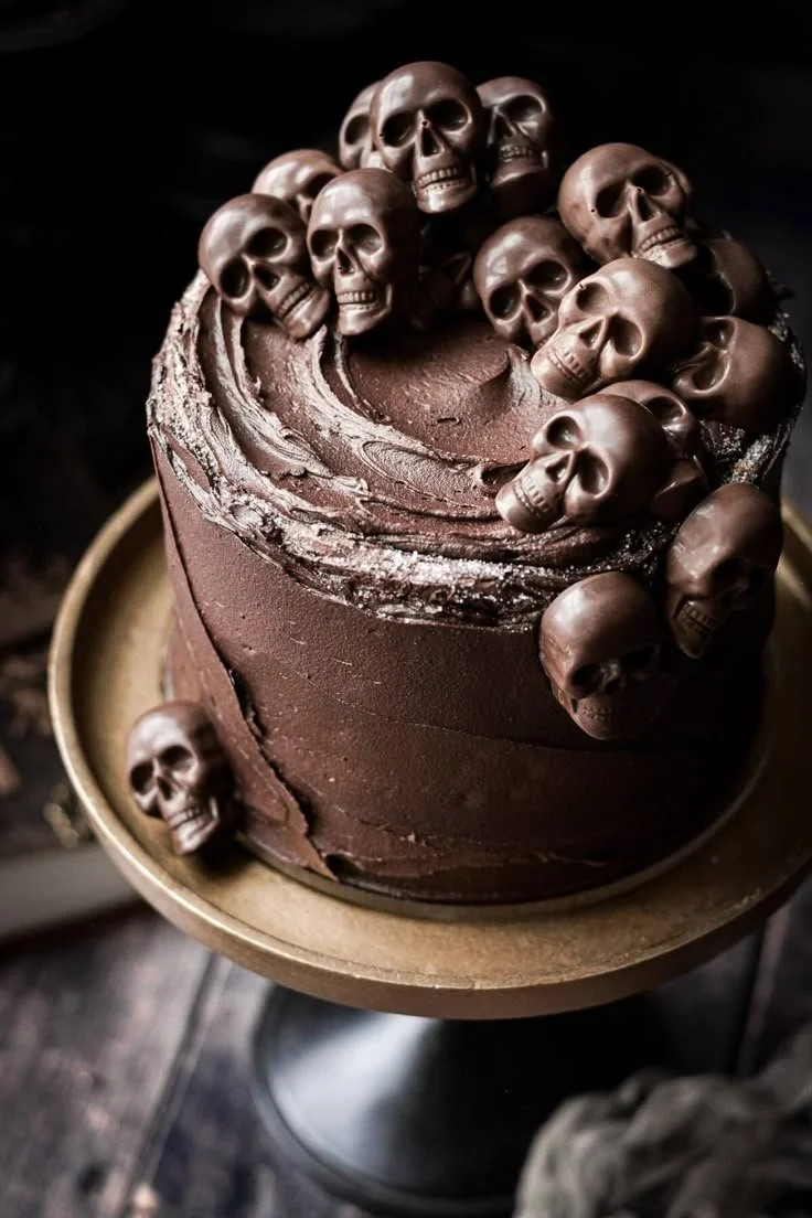 Delicious Chocolate Skull Cake decorated for Halloween dessert party.