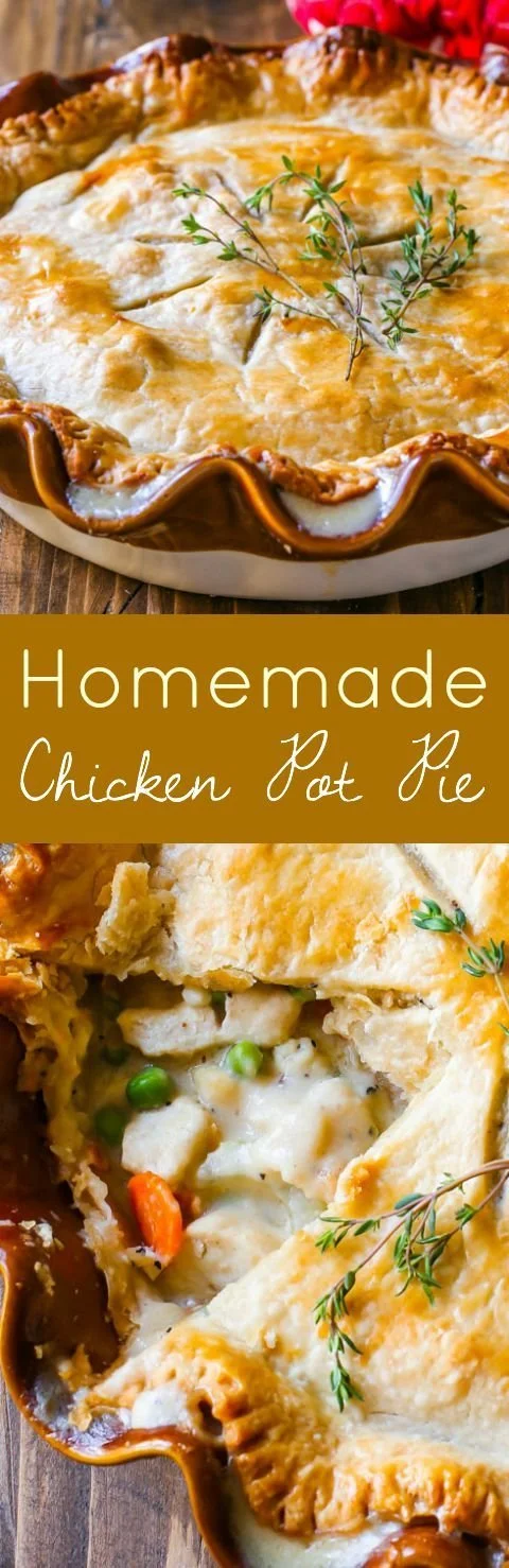 Classic chicken pot pie in a cast iron skillet with fresh vegetables and potatoes