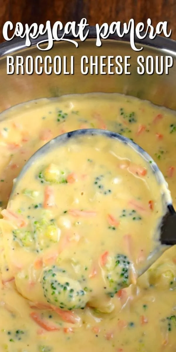 Creamy broccoli cheese soup in a bowl mimicking Panera's famous recipe.